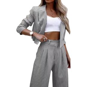 Women's 2 Piece Blazer Set Striped Cropped Blazers Jacket High Waist Wide Leg Work Pants Business Suit Outfits