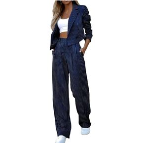 Women's 2 Piece Blazer Set Striped Cropped Blazers Jacket High Waist Wide Leg Work Pants Business Suit Outfits in Saudi Arabia