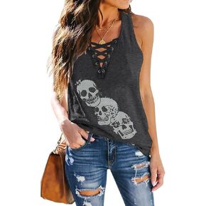 Fensajomon Skull Shirt for Women V Neck Lace Up Sleeveless Casual Summer Workout Yoga Tank Top