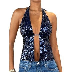 SOLY HUX Women's Sparkly Sequin Halter Tops Y2k Crop Top Night Out Party Outfits Streetwear