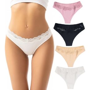 Cotton Thongs for Women Seamless Underwear Breathable Lace Sexy Comfortable Thong Stretch Womens Panties 4 Pack Set Size M panties Black