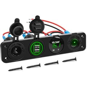 GOOACC 4 in 1 ON Off Charger Socket Panel Dual USB Socket Power Outlet LED Voltmeter Cigarette Lighter Socket LED Lighted ON Off Rocker Toggle Switch for Truck Car Marine Boats RV,2 Yeas Warranty