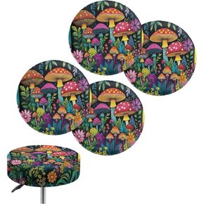 Colorful Mushroom Non-Slip Round Bar Stool Covers Soft Machine Washable Circle Stool Slipcovers Elastic Round Bar Stool Covers with Elastic Bands, Pack of 4