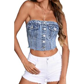 SHENHE Women's Strapless Button Up Shirred Raw Hem Sexy Fitted Crop Denim Tube Top