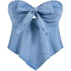 Milumia Women's Bow Tie Front Denim Tube Top Strapless Ruffle Hanky Hem Western Concert Crop Tops