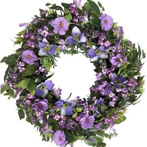 22 Inch Spring Summer Everyday Wreath for Front Door, Purple Lavender Hyacinth Flower Wreath with Green Leaves Indoor Outdoor, Purple Floral for Door Window Wall
