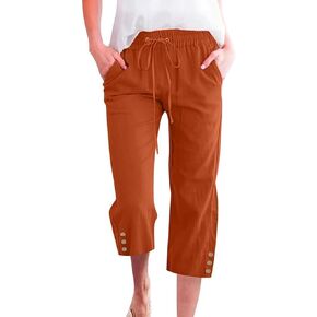 Schine Women Cozy Capris Lightweight High Waist Elastic Drawstring Pants with Pockets Loose Button Trim Cropped Trousers
