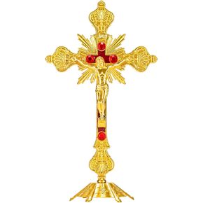 Calculs Metal Jesus Crucifix Table Cross - Catholic Table Cross With Stand For Christian Prayers Jerusalem Home Decor 10" Gold