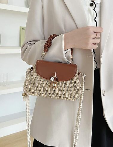 حقيبة Crossbody Straw للنساء يدويًا كيسًا منسوجًا من الجلد العلوي مقبض مقبض صغير بوهو محفظة راتان الشاطئ in Saudi Arabia