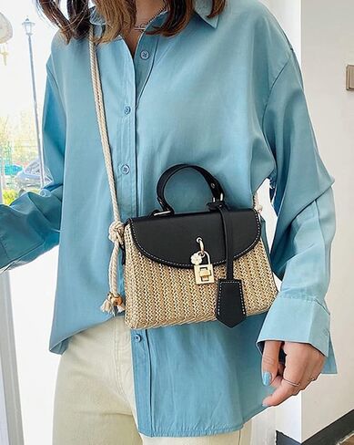 حقيبة Crossbody Straw للنساء يدويًا كيسًا منسوجًا من الجلد العلوي مقبض مقبض صغير بوهو محفظة راتان الشاطئ in Kuwait