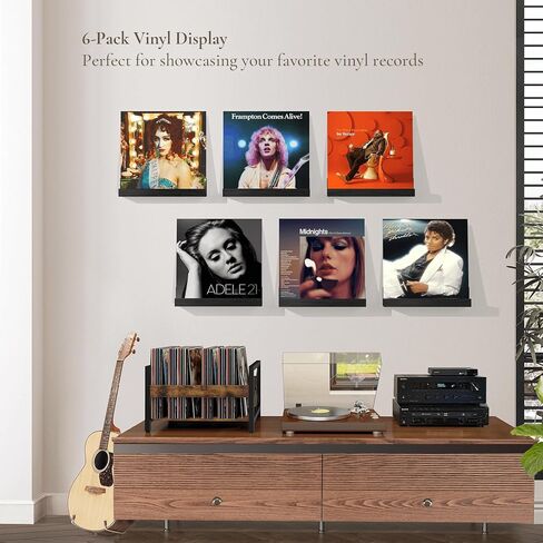 Vinyl Record Shelf Wall Mount, 12 inch Wooden Album Record Holder Display, Pack of 6 Floating Shelves for Wall, Magazine Rack, Kids Bookshelf for Bedroom, Living Room, Rustic Brown in Kuwait