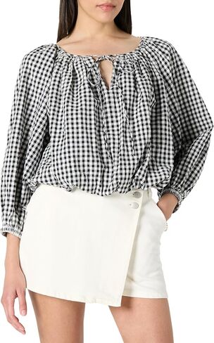 The Drop Women's Shirred Neck Cotton Bubble Hem Top in Kuwait