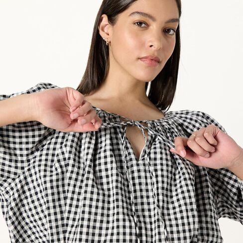 The Drop Women's Shirred Neck Cotton Bubble Hem Top in Kuwait