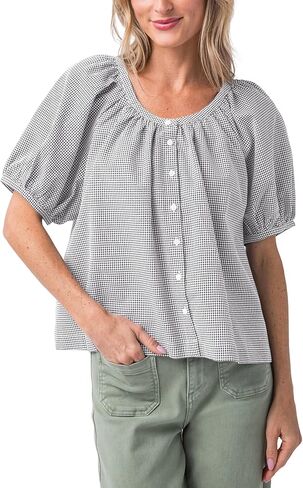 Tanming Womens Summer Plaid Button Down Shirts Short Puff Sleeve Cotton Crew Neck Gingham Blouses Tops in Kuwait
