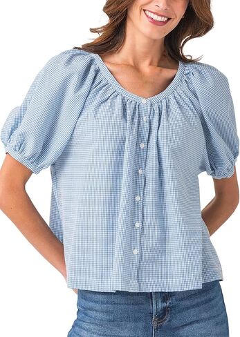 Tanming Womens Summer Plaid Button Down Shirts Short Puff Sleeve Cotton Crew Neck Gingham Blouses Tops in Kuwait