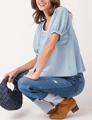 Tanming Womens Summer Plaid Button Down Shirts Short Puff Sleeve Cotton Crew Neck Gingham Blouses Tops in Kuwait