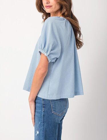 Tanming Womens Summer Plaid Button Down Shirts Short Puff Sleeve Cotton Crew Neck Gingham Blouses Tops in Kuwait