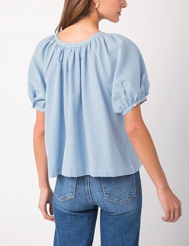 Tanming Womens Summer Plaid Button Down Shirts Short Puff Sleeve Cotton Crew Neck Gingham Blouses Tops in Kuwait