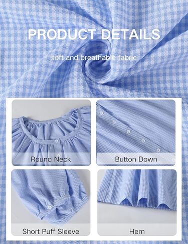 Tanming Womens Summer Plaid Button Down Shirts Short Puff Sleeve Cotton Crew Neck Gingham Blouses Tops in Kuwait