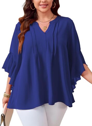 بلوزة Scomchic Women Plus Size 3/4 Sleeve v Neck Chiffon Dary Disual Disuals Office Office Tunic Tops XL-5XL in Kuwait
