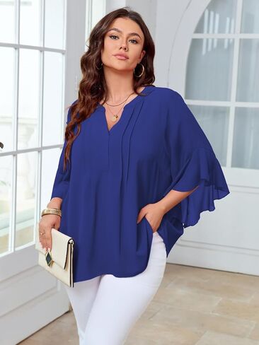 بلوزة Scomchic Women Plus Size 3/4 Sleeve v Neck Chiffon Dary Disual Disuals Office Office Tunic Tops XL-5XL in Kuwait