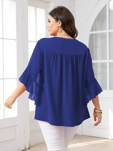 بلوزة Scomchic Women Plus Size 3/4 Sleeve v Neck Chiffon Dary Disual Disuals Office Office Tunic Tops XL-5XL in Kuwait
