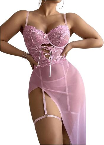MakeMeChic Women's 4 Piece Exotic Lingerie Set Mesh Sheer Nightgowns Push Up Underwire Split Slip Dress with Grater Belt in Saudi Arabia