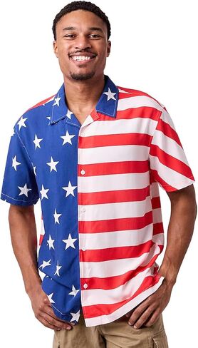 Stars & Stripes United States Flag Men's Collared Button-Up Short Sleeve Shirt in Kuwait