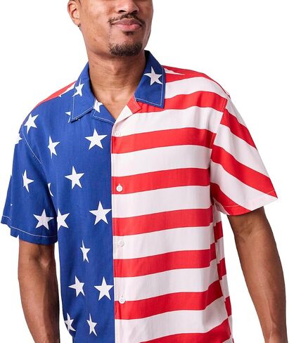 Stars & Stripes United States Flag Men's Collared Button-Up Short Sleeve Shirt in Kuwait