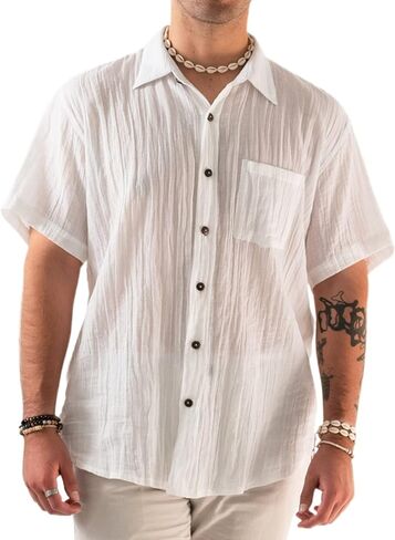 Lotus and Luna Men's Cotton Casual Button Down Short Sleeve Shirt Relaxed Fit Beach Top in Kuwait