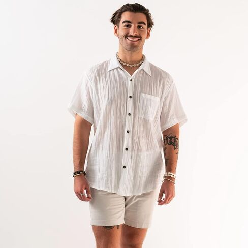 Lotus and Luna Men's Cotton Casual Button Down Short Sleeve Shirt Relaxed Fit Beach Top in Kuwait
