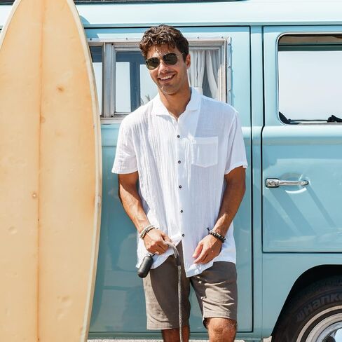 Lotus and Luna Men's Cotton Casual Button Down Short Sleeve Shirt Relaxed Fit Beach Top in Kuwait