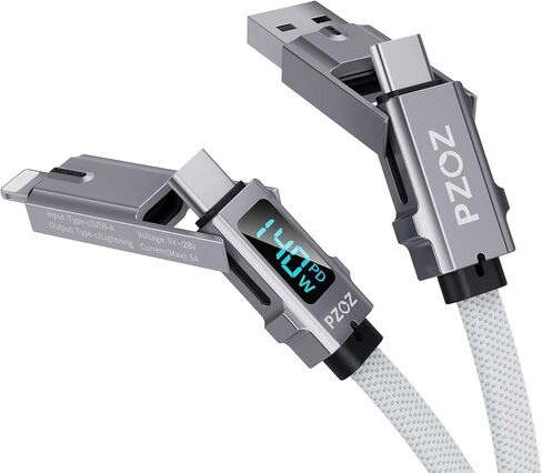 pzoz 60W 4-in-1 USB C Fast Charging Cable with LED Display, Multi USBC Charger Combo Lightning/Type C/USB A Metal Ports for iPhone iPad MacBook AirPods Pro Samsung Google and More, 5ft in Saudi Arabia