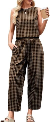 Women's 2 Piece Lounge Outfits Plaid Sleeveless Tank Tops Pullover High Waist Wide Leg Barrel Pants Tracksuits in Kuwait