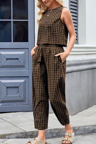 Women's 2 Piece Lounge Outfits Plaid Sleeveless Tank Tops Pullover High Waist Wide Leg Barrel Pants Tracksuits in Kuwait