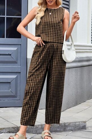 Women's 2 Piece Lounge Outfits Plaid Sleeveless Tank Tops Pullover High Waist Wide Leg Barrel Pants Tracksuits in Kuwait