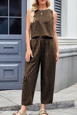Women's 2 Piece Lounge Outfits Plaid Sleeveless Tank Tops Pullover High Waist Wide Leg Barrel Pants Tracksuits in Kuwait