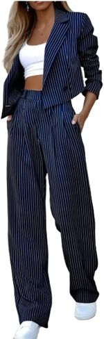Women's 2 Piece Blazer Set Striped Cropped Blazers Jacket High Waist Wide Leg Work Pants Business Suit Outfits in Kuwait
