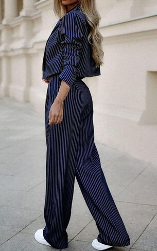 Women's 2 Piece Blazer Set Striped Cropped Blazers Jacket High Waist Wide Leg Work Pants Business Suit Outfits in Kuwait