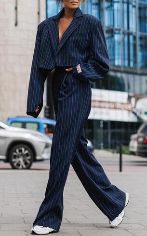 Women's 2 Piece Blazer Set Striped Cropped Blazers Jacket High Waist Wide Leg Work Pants Business Suit Outfits in Kuwait