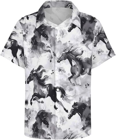 Men's Vintage Ink Horse Printed Shirt Casual Hawaiian Shirts Button Down Shirts Short Sleeve in Saudi Arabia