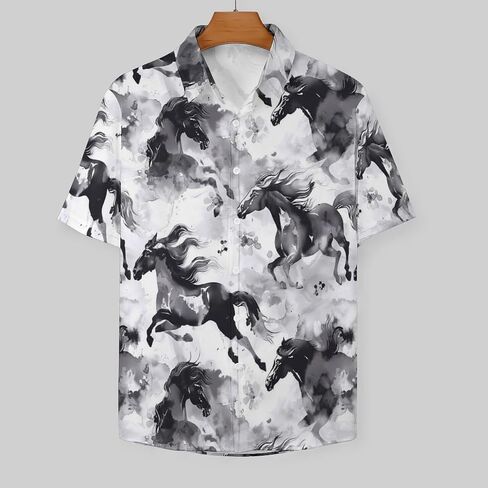 Men's Vintage Ink Horse Printed Shirt Casual Hawaiian Shirts Button Down Shirts Short Sleeve in Saudi Arabia