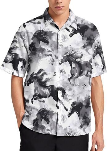 Men's Vintage Ink Horse Printed Shirt Casual Hawaiian Shirts Button Down Shirts Short Sleeve in Saudi Arabia