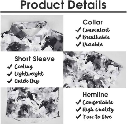 Men's Vintage Ink Horse Printed Shirt Casual Hawaiian Shirts Button Down Shirts Short Sleeve in Saudi Arabia