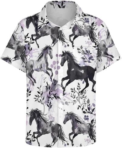 Men's Vintage Ink Horse Printed Shirt Casual Hawaiian Shirts Button Down Shirts Short Sleeve in Saudi Arabia