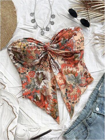 SOLY HUX Women's Floral Print Tube Top Twist Split Strapless Sleeveless Asymmetrical Hem Summer Vacation Crop Tops in Saudi Arabia