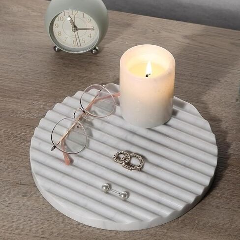 Koville Italian Natural Marble Trays for Decor, 9.5" Round Stone Decorative Trays with Stripe Grooves, Wave-Shaped Surface Serving Tray for Home, Multi-Purpose Entryway Catchall Tray (Bianco Carrara) in Saudi Arabia