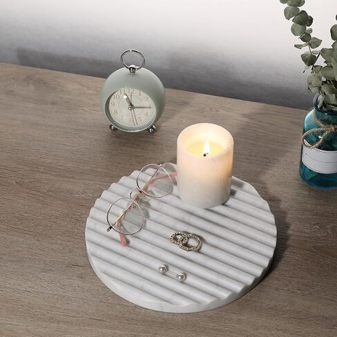Koville Italian Natural Marble Trays for Decor, 9.5" Round Stone Decorative Trays with Stripe Grooves, Wave-Shaped Surface Serving Tray for Home, Multi-Purpose Entryway Catchall Tray (Bianco Carrara) in Saudi Arabia