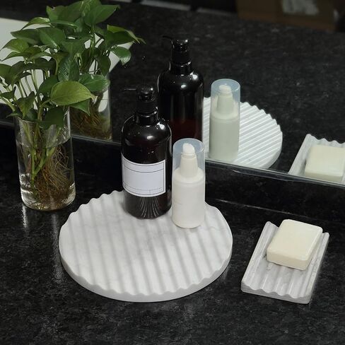 Koville Italian Natural Marble Trays for Decor, 9.5" Round Stone Decorative Trays with Stripe Grooves, Wave-Shaped Surface Serving Tray for Home, Multi-Purpose Entryway Catchall Tray (Bianco Carrara) in Saudi Arabia