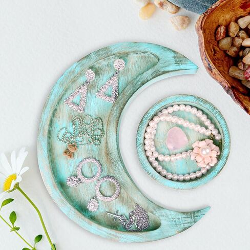 Moon Tray Crystal Holder - Wood Moon Tray - Crystal Tray for Stones, Wood Moon Shape Jewelry Plate for Stones - Crescent Moon Tray for Crystal - Essential Oil Holder - Decorative Tray (Turquoise) in Saudi Arabia